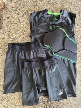 YOUTH Black Compression Sports Chest Guard and SM + XS sliding shorts